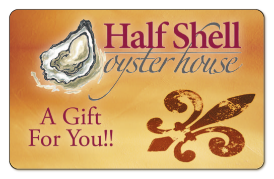 Half Shell logo, 'a gift for you!!', fleur-de-lis symbol  over yellow background